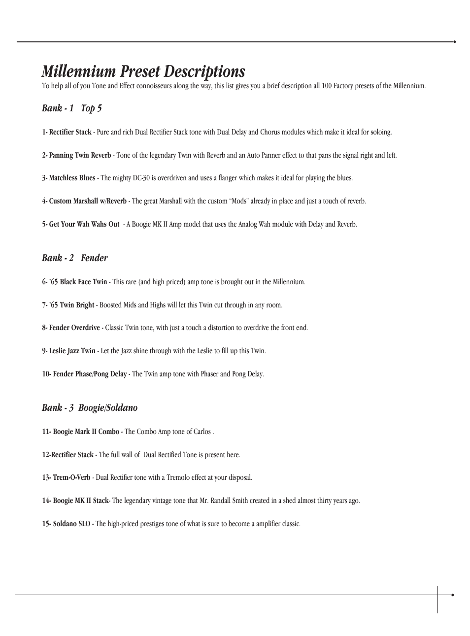 Millennium preset descriptions | Millennium Enterprises Integrated Modeling Amplifier User Manual | Page 87 / 116