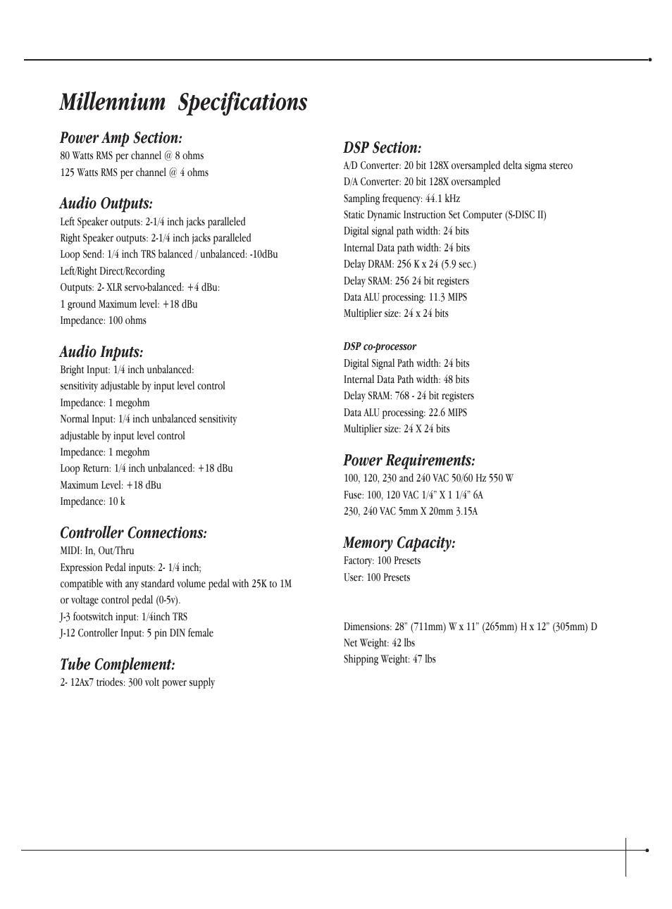 Millennium specifications, Audio outputs, Audio inputs | Controller connections, Tube complement, Power requirements | Millennium Enterprises Integrated Modeling Amplifier User Manual | Page 95 / 116