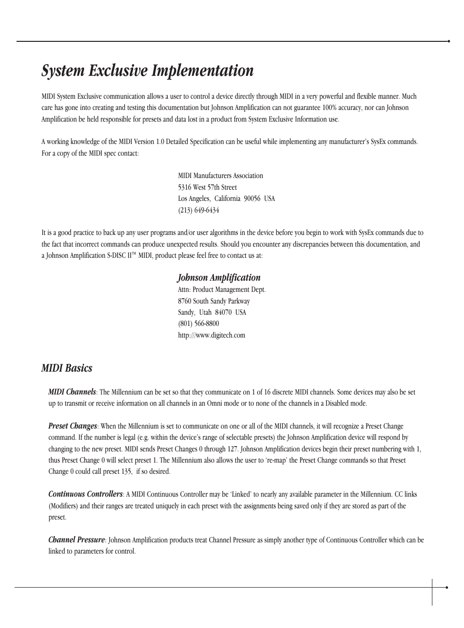 System exclusive implementation, Midi basics | Millennium Enterprises Integrated Modeling Amplifier User Manual | Page 97 / 116