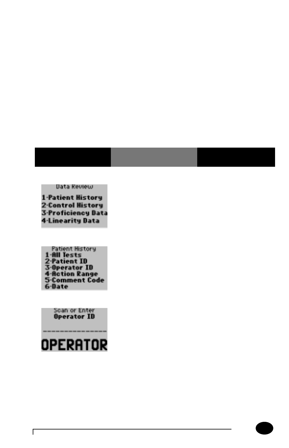 Data review for patient history by operator id | MediSense PCx User Manual | Page 34 / 151
