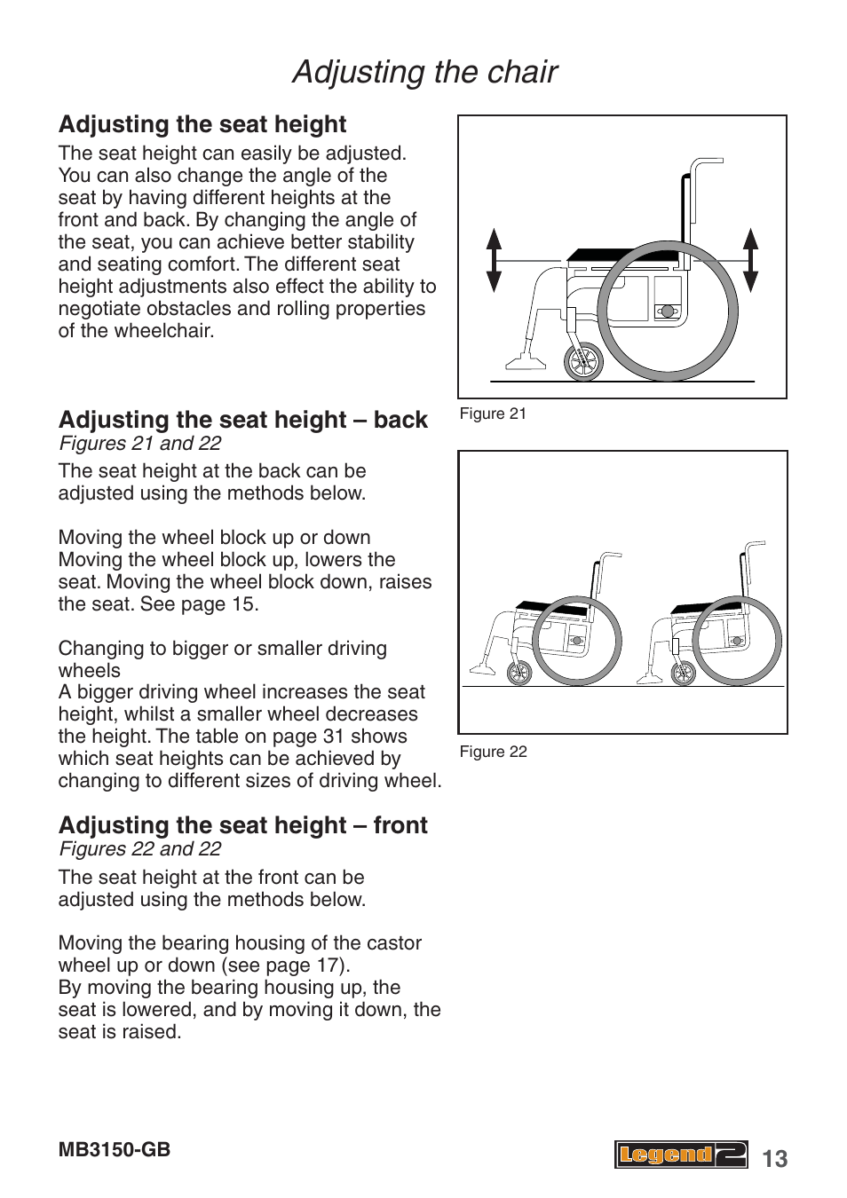 Adjusting the chair | Handicare MB3150-GB User Manual | Page 13 / 40