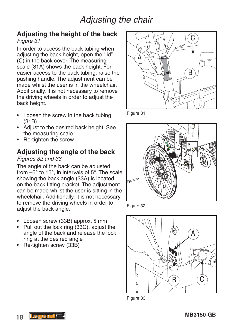 Adjusting the chair, Ab b | Handicare MB3150-GB User Manual | Page 18 / 40
