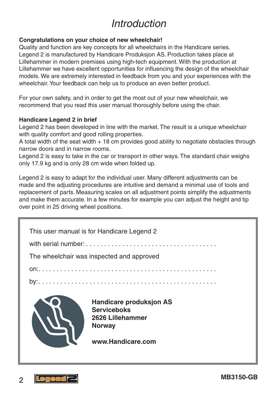 Introduction | Handicare MB3150-GB User Manual | Page 2 / 40