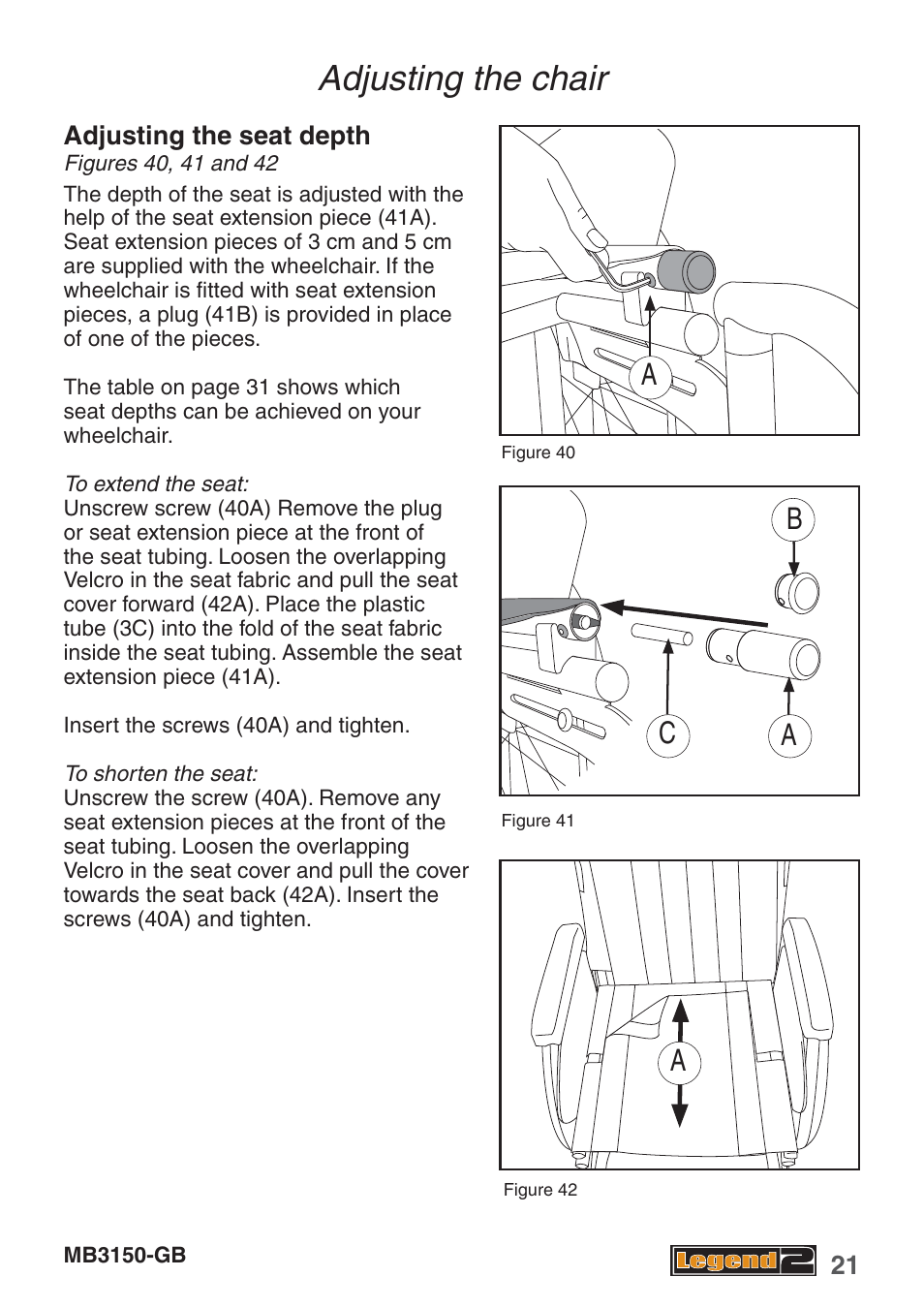 Adjusting the chair | Handicare MB3150-GB User Manual | Page 21 / 40