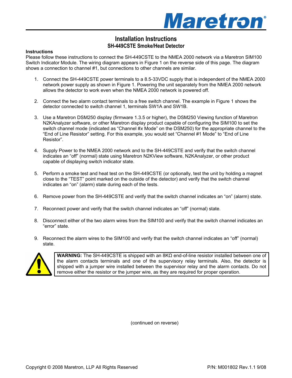 Maretron Smoke/Heat Detector SH-449CSTE User Manual | 2 pages