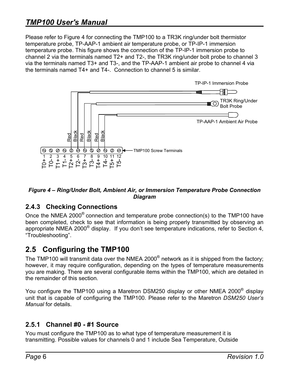 3 checking connections, 5 configuring the tmp100, 1 channel #0 - #1 source | Checking connections, Configuring the tmp100, Channel #0 - #1 source, Diagram, Configure the tmp100 (section 2.5, Tmp100 user's manual, Page 6 revision 1.0 | Maretron TMP100 Exhaust Gas Temperature Probe TP-EGT-1 User Manual | Page 10 / 18