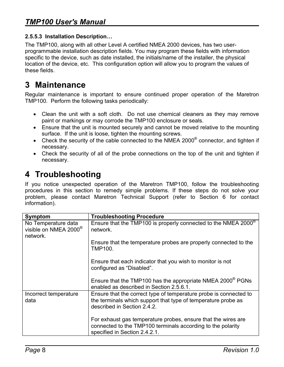 3 installation description, Installation description, Maintenance | Troubleshooting, 3 maintenance, 4 troubleshooting, Tmp100 user's manual | Maretron TMP100 Exhaust Gas Temperature Probe TP-EGT-1 User Manual | Page 12 / 18