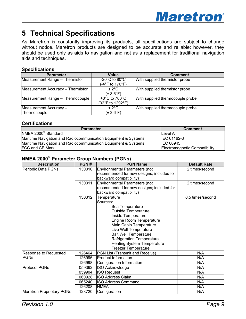 Technical specifications, 5 technical specifications, Revision 1.0 page 9 | Maretron TMP100 Exhaust Gas Temperature Probe TP-EGT-1 User Manual | Page 13 / 18