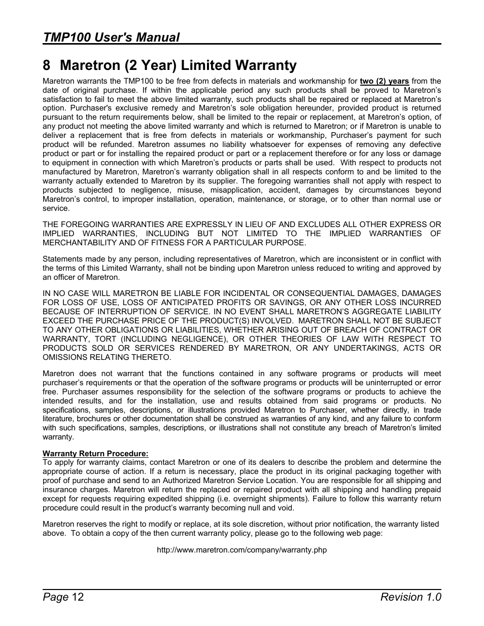 Maretron (2 year) limited warranty, 8 maretron (2 year) limited warranty, Tmp100 user's manual | Page 12 revision 1.0 | Maretron TMP100 Exhaust Gas Temperature Probe TP-EGT-1 User Manual | Page 16 / 18