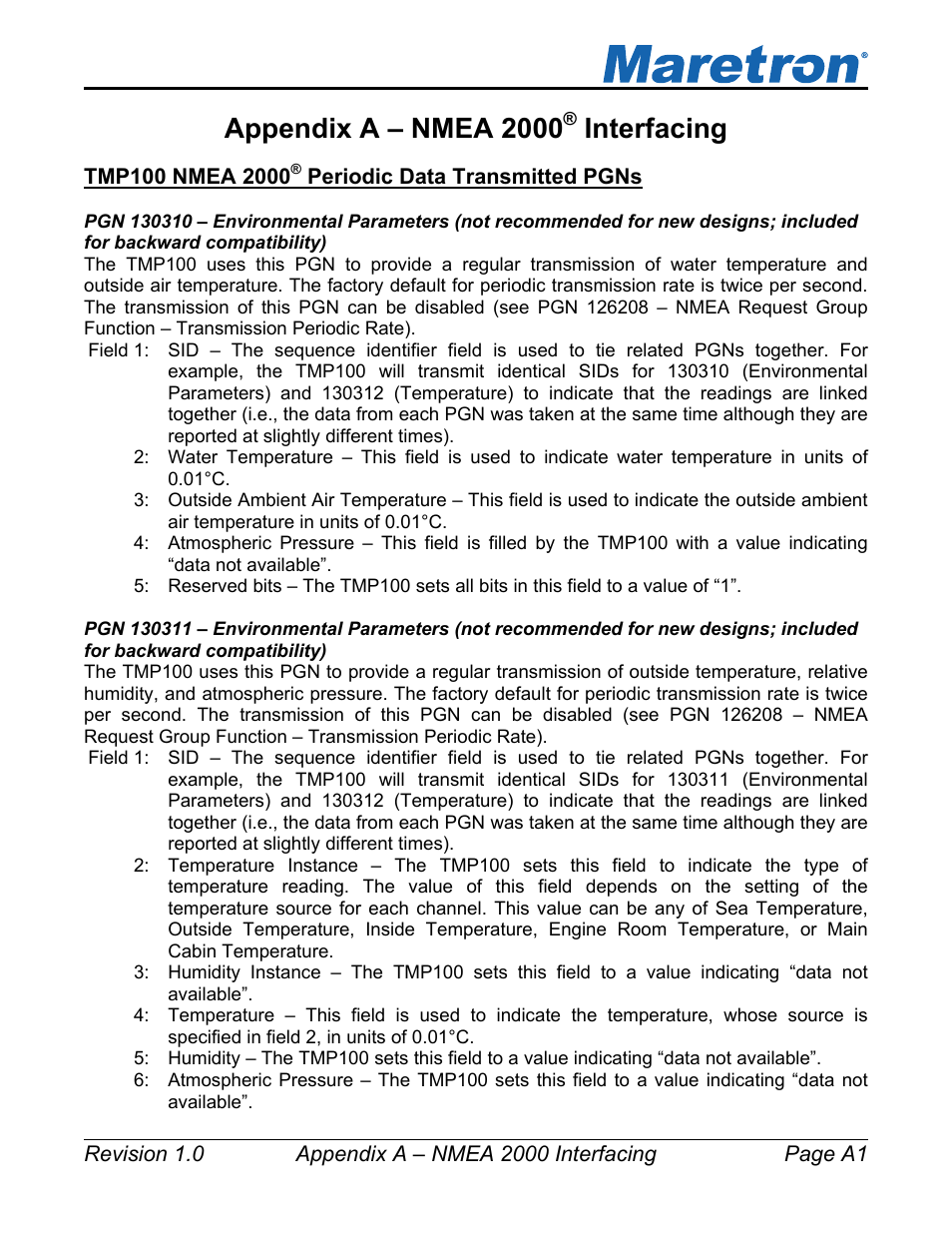 Appendix a – nmea 2000, Interfacing | Maretron TMP100 Exhaust Gas Temperature Probe TP-EGT-1 User Manual | Page 17 / 18