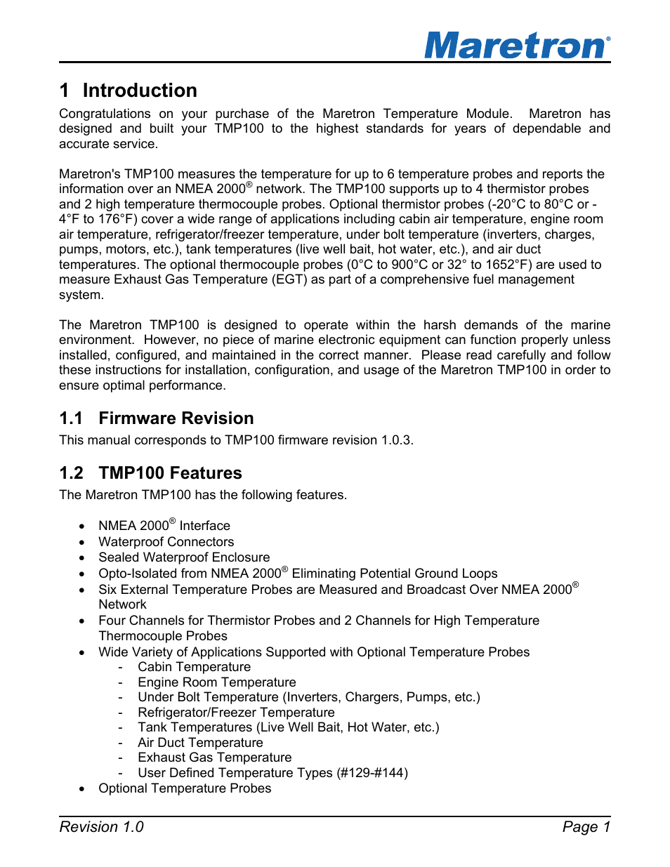 1 firmware revision, 2 tmp100 features, Introduction | Firmware revision, Tmp100 features, 1 introduction | Maretron TMP100 Exhaust Gas Temperature Probe TP-EGT-1 User Manual | Page 5 / 18