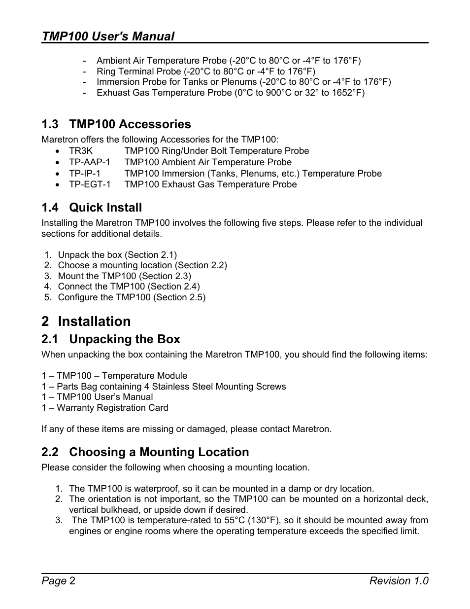 3 tmp100 accessories, 4 quick install, 1 unpacking the box | 2 choosing a mounting location, Tmp100 accessories, Quick install, Installation, Unpacking the box, Choosing a mounting location, 2 installation | Maretron TMP100 Exhaust Gas Temperature Probe TP-EGT-1 User Manual | Page 6 / 18