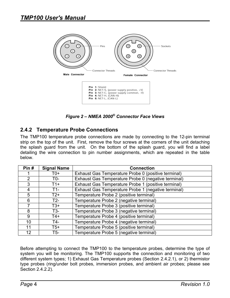 2 temperature probe connections, Temperature probe connections, Figure 2 – nmea 2000 | Connector face views, Tmp100 user's manual | Maretron TMP100 Exhaust Gas Temperature Probe TP-EGT-1 User Manual | Page 8 / 18