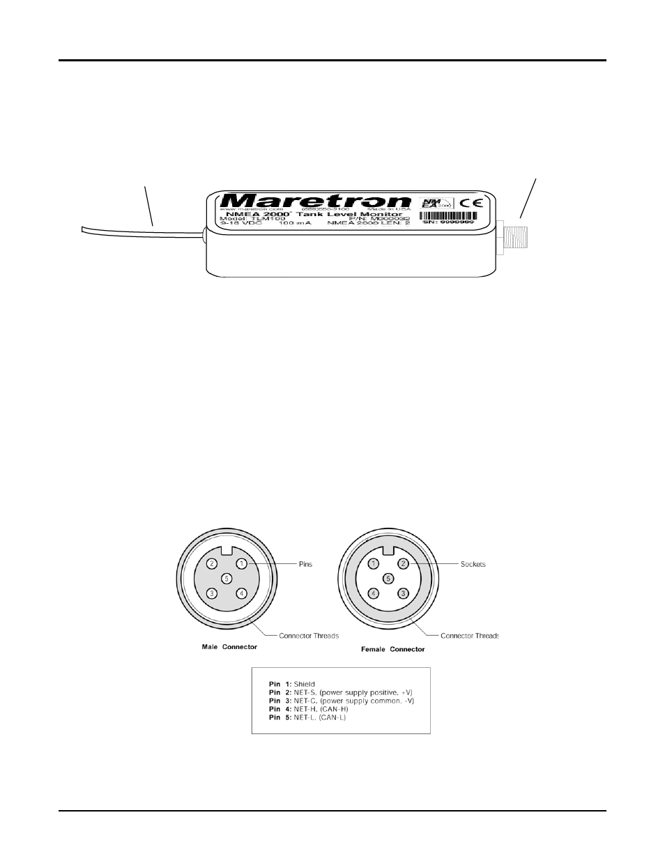 5 connecting the tlm100, 1 connecting to nmea 2000® interface, Connecting the tlm100 | Connecting to nmea 2000, Interface, Figure 6 – tlm100 connections, Figure 7 – nmea 2000, Connector face views, Tlm100 user’s manual, Page 10 revision 1.3 | Maretron TLM100 User Manual | Page 14 / 21