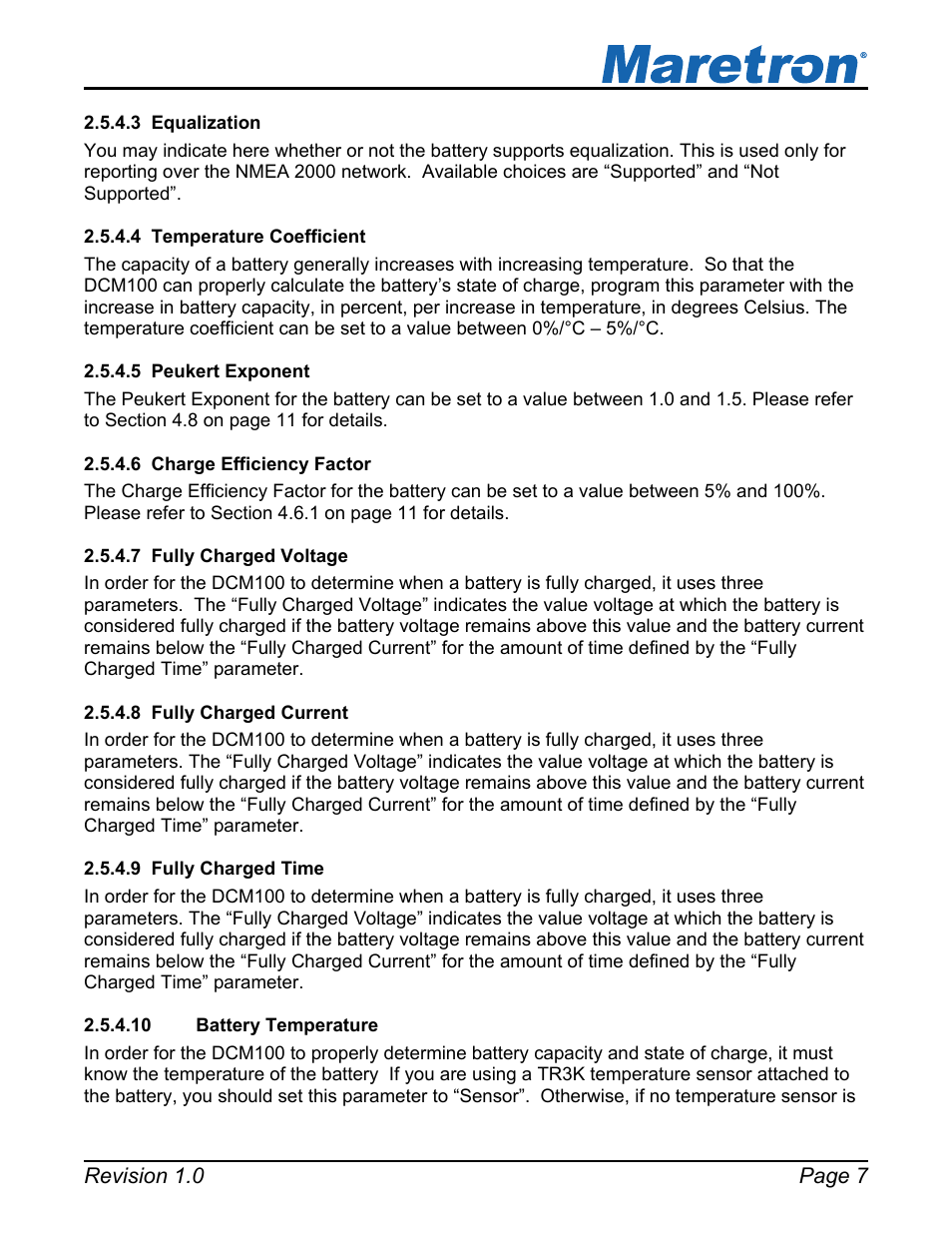 3 equalization, 4 temperature coefficient, 5 peukert exponent | 6 charge efficiency factor, 7 fully charged voltage, 8 fully charged current, 9 fully charged time, 10 battery temperature, Equalization, Temperature coefficient | Maretron DCM100 User Manual | Page 11 / 24