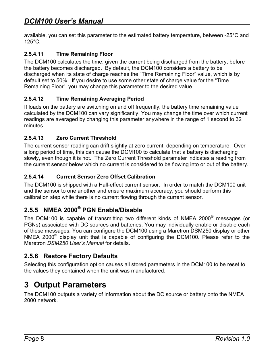 11 time remaining floor, 12 time remaining averaging period, 13 zero current threshold | 14 current sensor zero offset calibration, 5 nmea 2000® pgn enable/disable, 6 restore factory defaults, 3 output parameters, Time remaining floor, Time remaining averaging period, Zero current threshold | Maretron DCM100 User Manual | Page 12 / 24