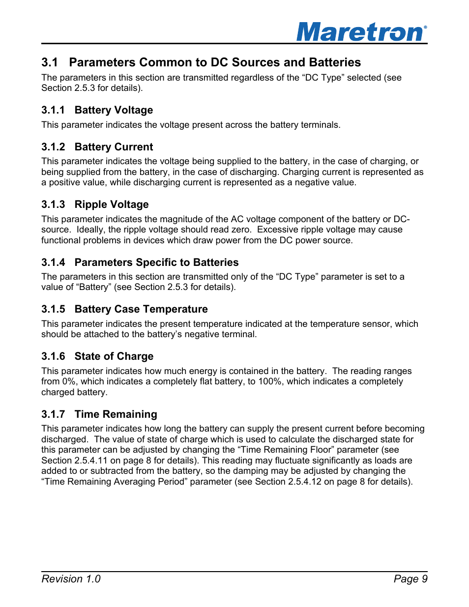 1 parameters common to dc sources and batteries, 1 battery voltage, 2 battery current | 3 ripple voltage, 4 parameters specific to batteries, 5 battery case temperature, 6 state of charge, 7 time remaining, Parameters common to dc sources and batteries, Battery voltage | Maretron DCM100 User Manual | Page 13 / 24