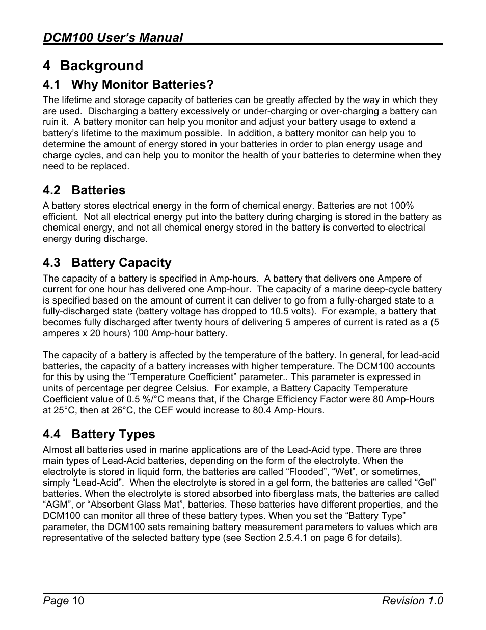 4 background, 1 why monitor batteries, 2 batteries | 3 battery capacity, 4 battery types, Background, Why monitor batteries, Batteries, Battery capacity, Battery types | Maretron DCM100 User Manual | Page 14 / 24