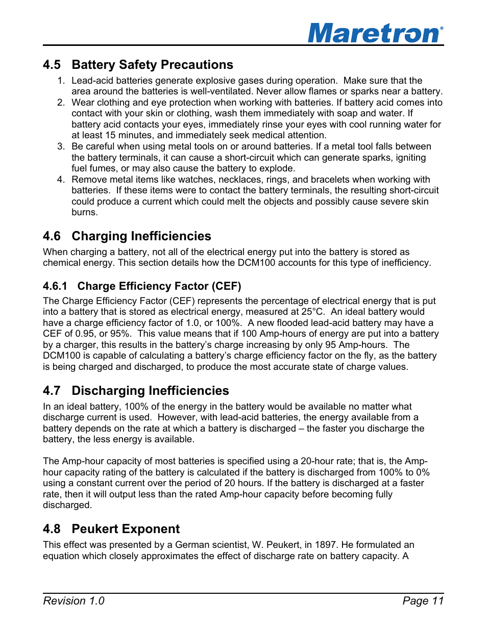 5 battery safety precautions, 6 charging inefficiencies, 1 charge efficiency factor (cef) | 7 discharging inefficiencies, 8 peukert exponent, Battery safety precautions, Charging inefficiencies, Charge efficiency factor (cef), Discharging inefficiencies, Peukert exponent | Maretron DCM100 User Manual | Page 15 / 24