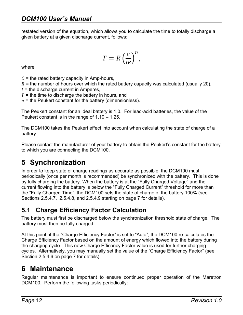 5 synchronization, 1 charge efficiency factor calculation, 6 maintenance | Synchronization, Charge efficiency factor calculation, Maintenance, Dcm100 user’s manual | Maretron DCM100 User Manual | Page 16 / 24