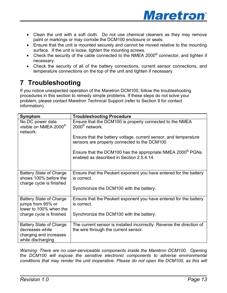 7 troubleshooting, Troubleshooting | Maretron DCM100 User Manual | Page 17 / 24