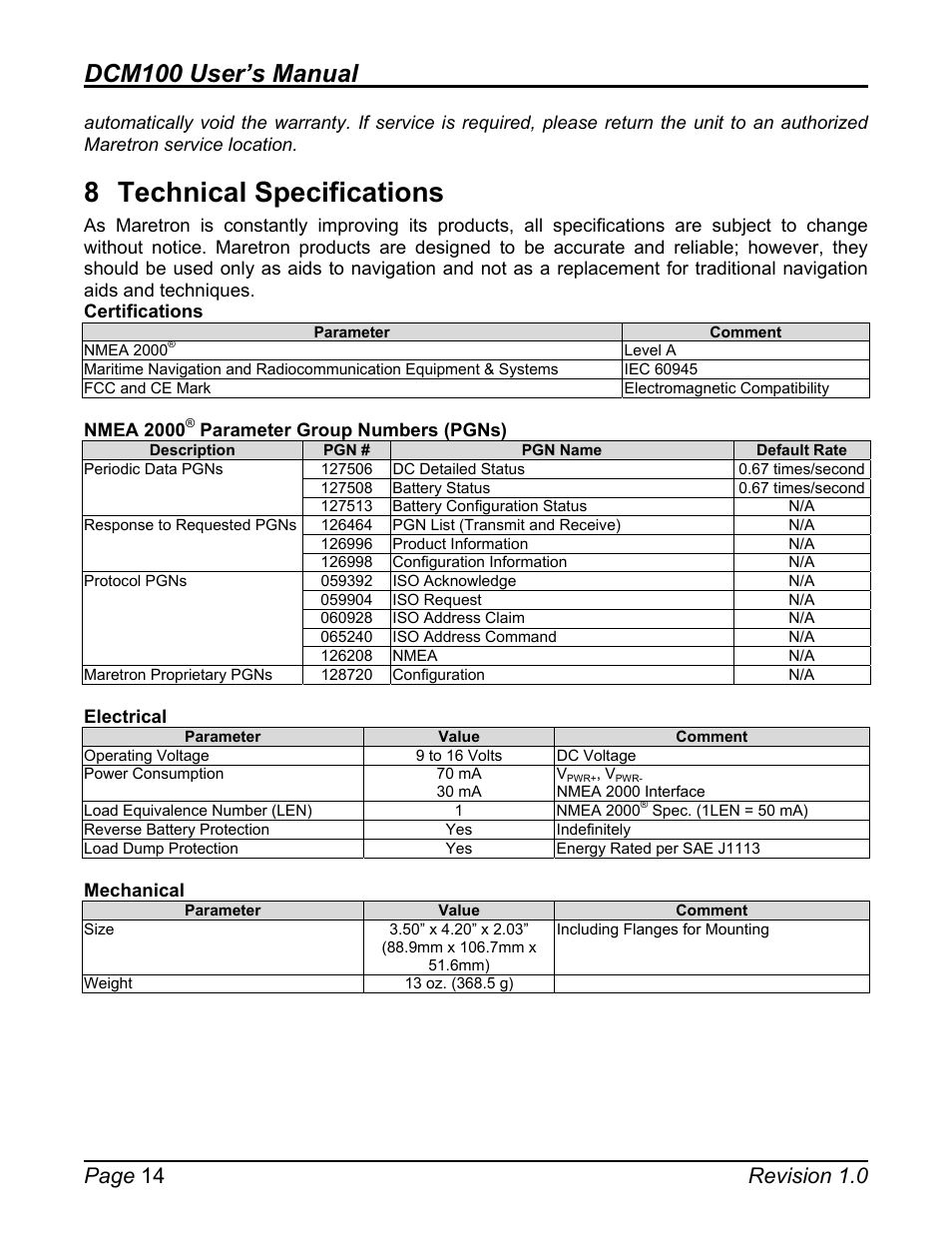 8 technical specifications, Technical specifications, Dcm100 user’s manual | Page 14 revision 1.0 | Maretron DCM100 User Manual | Page 18 / 24