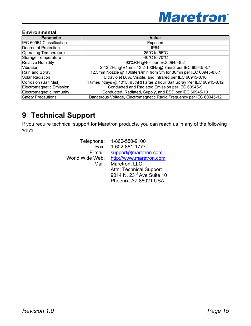 9 technical support, Technical support | Maretron DCM100 User Manual | Page 19 / 24