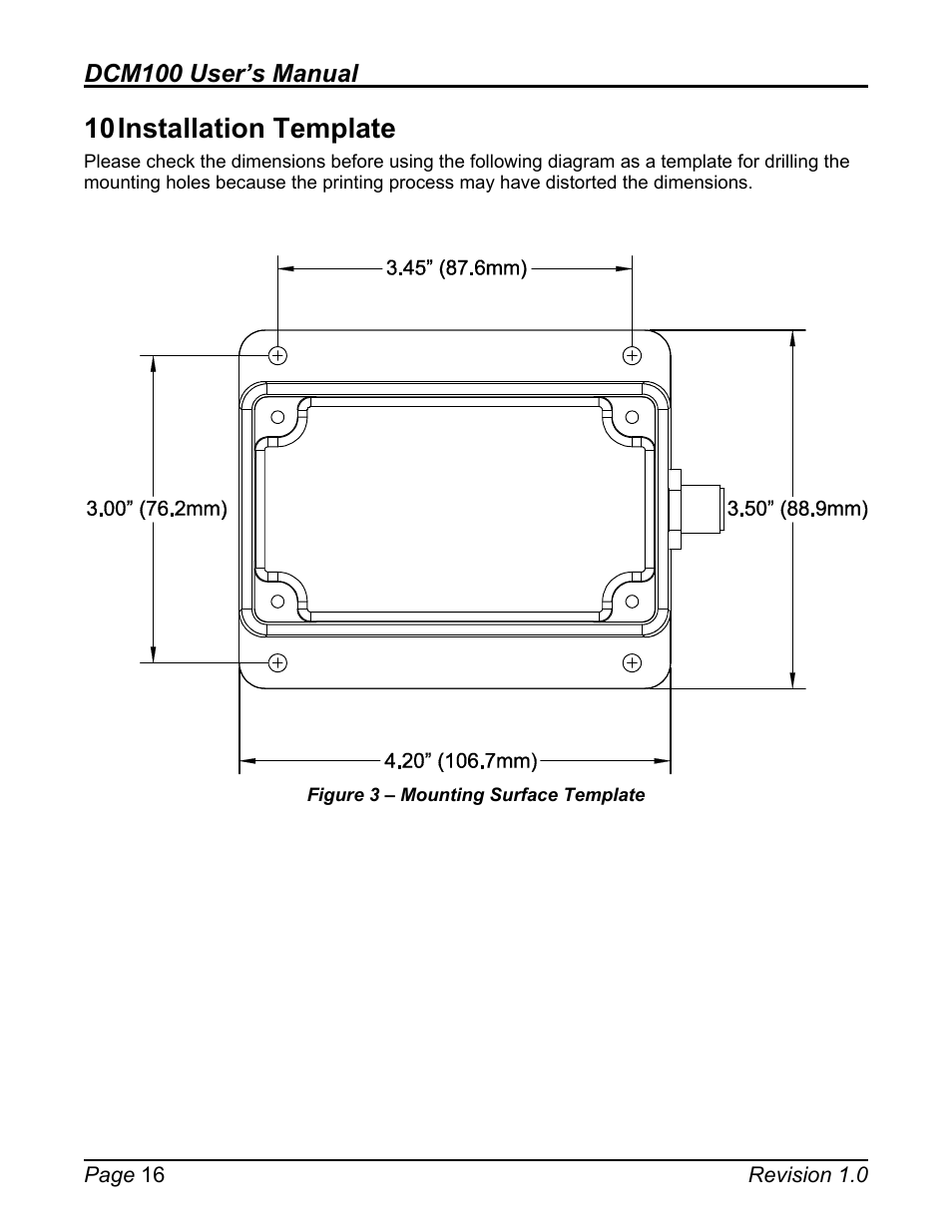 10 installation template, Installation template, Figure 3 – mounting surface template | Dcm100 user’s manual | Maretron DCM100 User Manual | Page 20 / 24