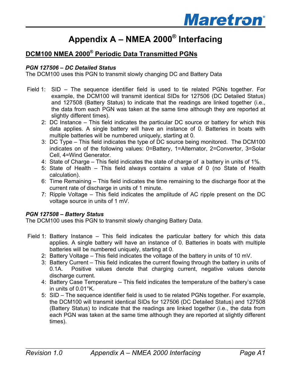 Appendix a – nmea 2000, Interfacing | Maretron DCM100 User Manual | Page 23 / 24
