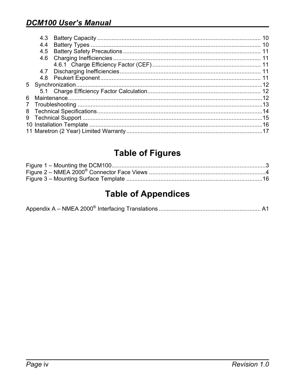 Table of figures, Table of appendices, Dcm100 user’s manual | Maretron DCM100 User Manual | Page 4 / 24