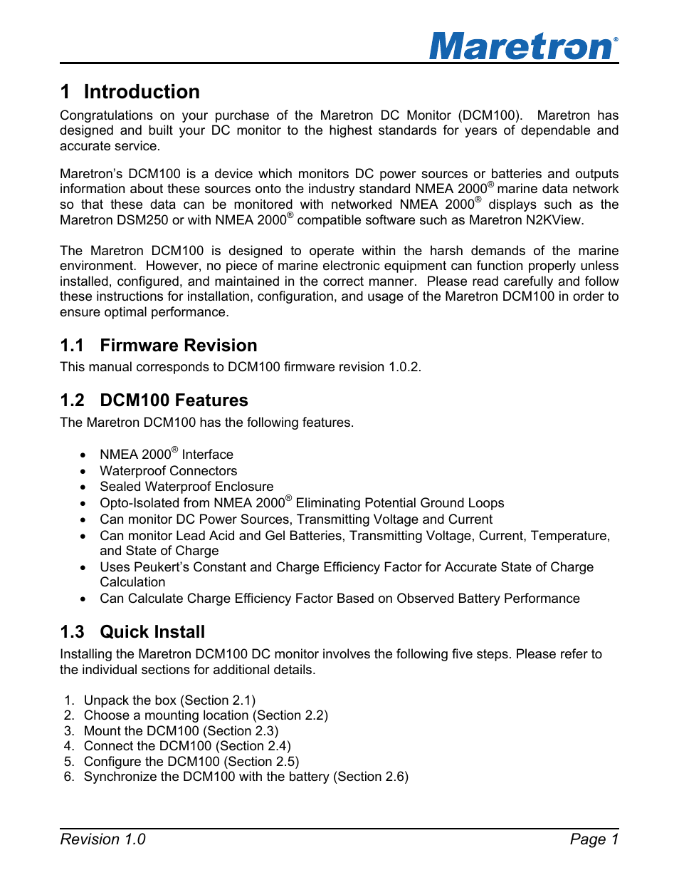 1 introduction, 1 firmware revision, 2 dcm100 features | 3 quick install, Introduction, Firmware revision, Dcm100 features, Quick install | Maretron DCM100 User Manual | Page 5 / 24