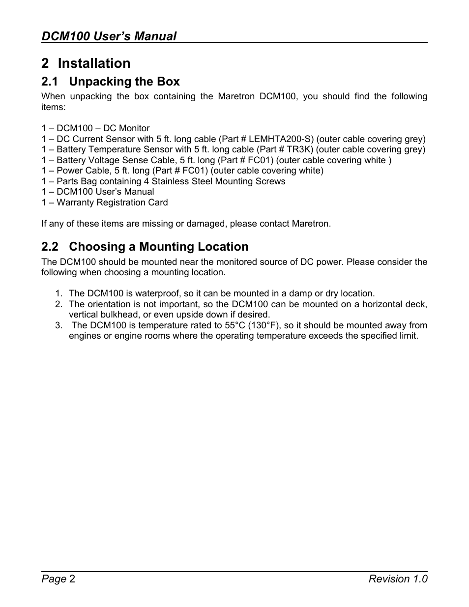 2 installation, 1 unpacking the box, 2 choosing a mounting location | Installation, Unpacking the box, Choosing a mounting location, Dcm100 user’s manual | Maretron DCM100 User Manual | Page 6 / 24