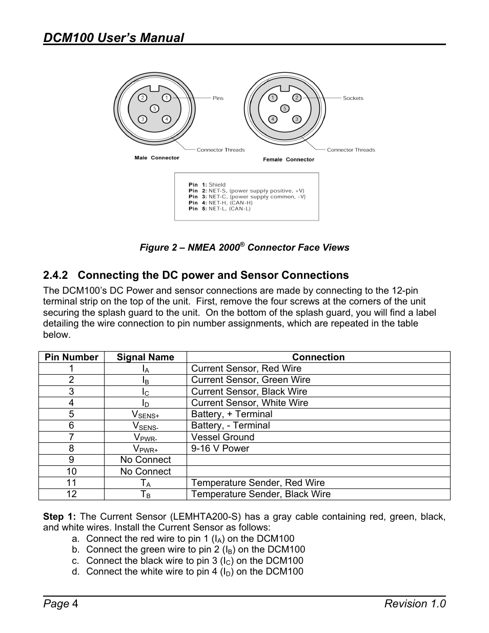 2 connecting the dc power and sensor connections, Connecting the dc power and sensor connections, Figure 2 – nmea 2000 | Connector face views, Onnector (see figure 2, Dcm100 user’s manual, Page 4 revision 1.0 | Maretron DCM100 User Manual | Page 8 / 24