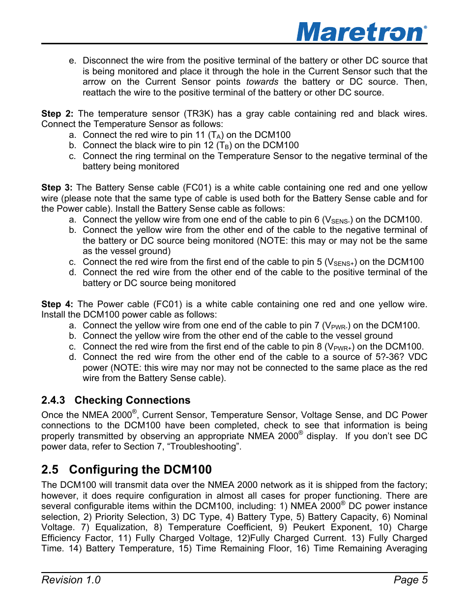 3 checking connections, 5 configuring the dcm100, Checking connections | Configuring the dcm100, Configure the dcm100 (section 2.5 | Maretron DCM100 User Manual | Page 9 / 24