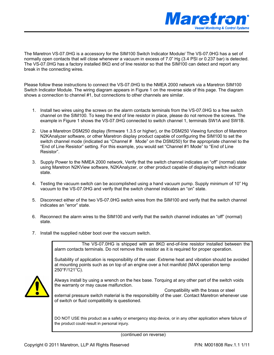 Maretron VS-07.0HG User Manual | 2 pages