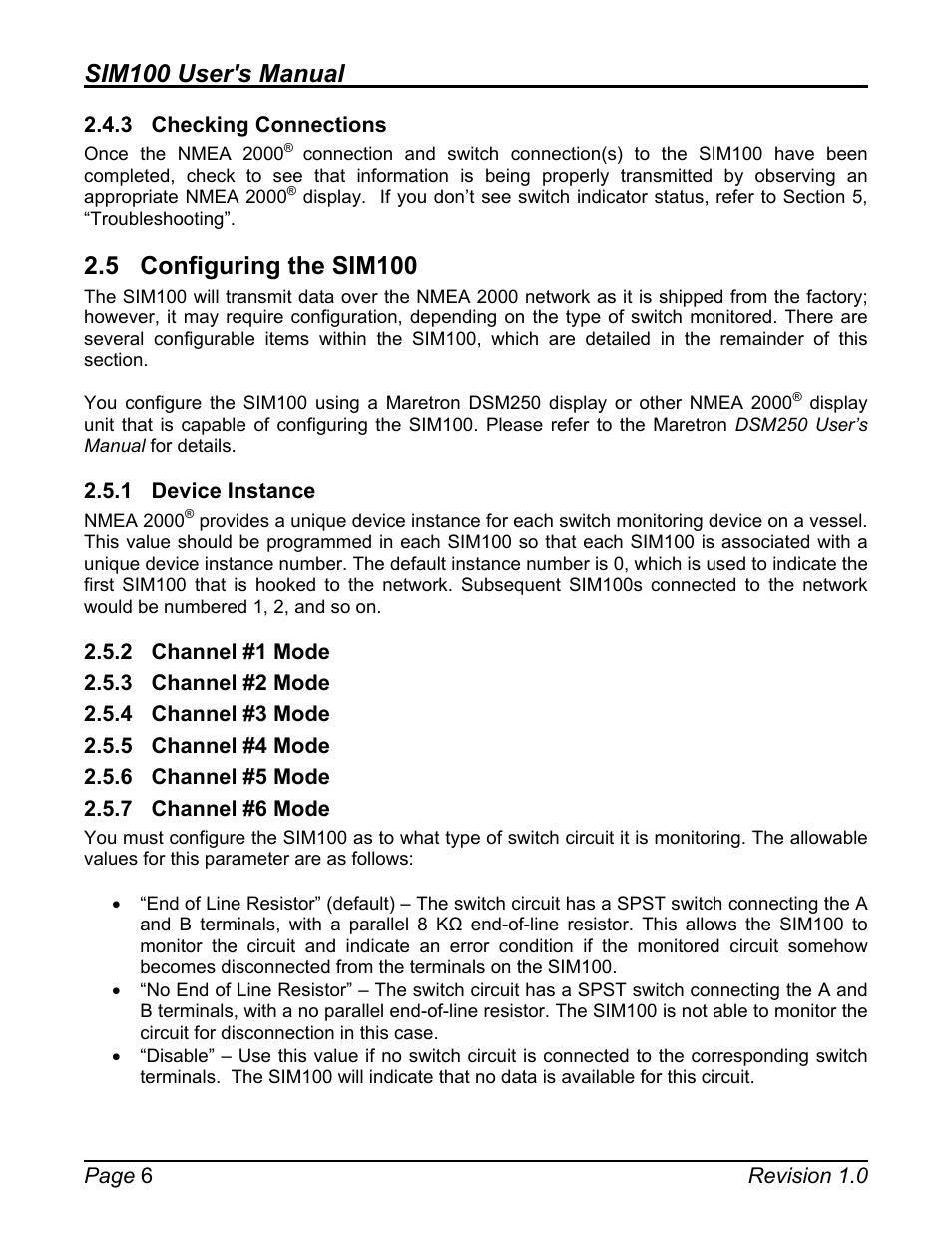 3 checking connections, 5 configuring the sim100, 1 device instance | 2 channel #1 mode, 3 channel #2 mode, 4 channel #3 mode, 5 channel #4 mode, 6 channel #5 mode, 7 channel #6 mode, Checking connections | Maretron SIM100 User Manual | Page 10 / 17