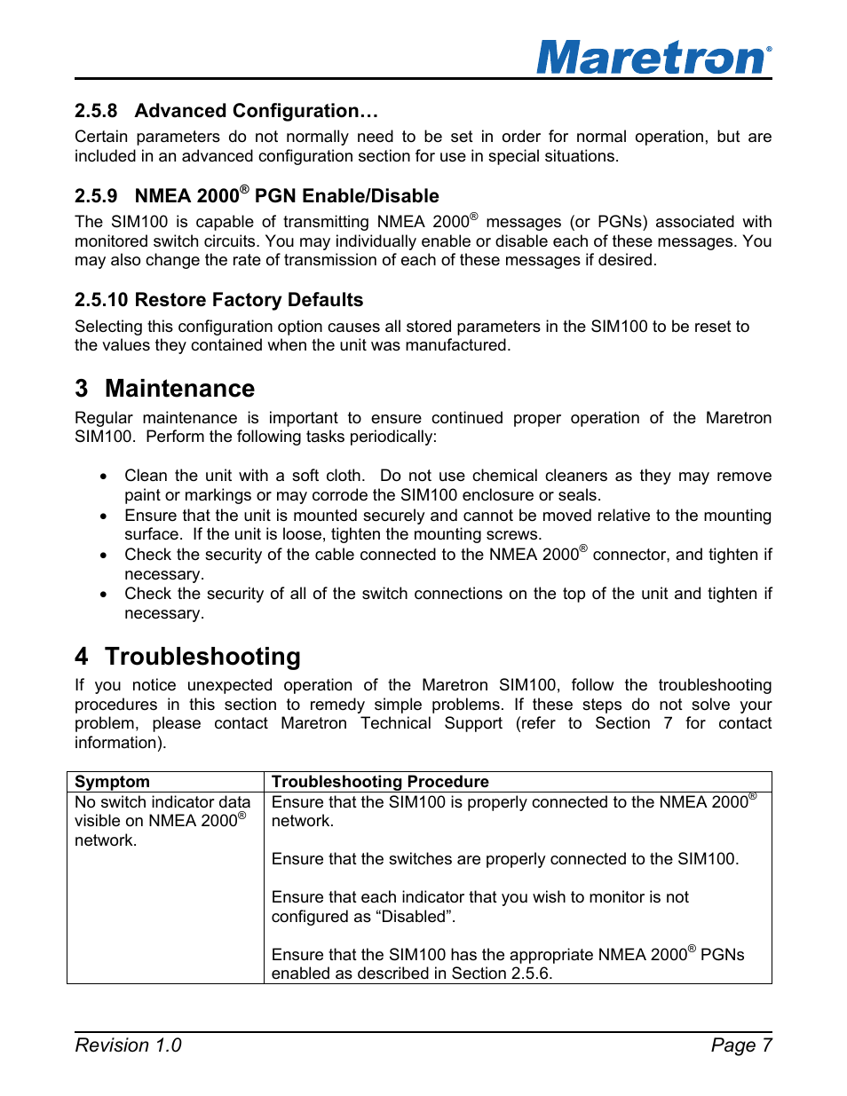 8 advanced configuration, 9 nmea 2000® pgn enable/disable, 10 restore factory defaults | 3 maintenance, 4 troubleshooting, Advanced configuration, Nmea 2000, Pgn enable/disable, Restore factory defaults, Maintenance | Maretron SIM100 User Manual | Page 11 / 17
