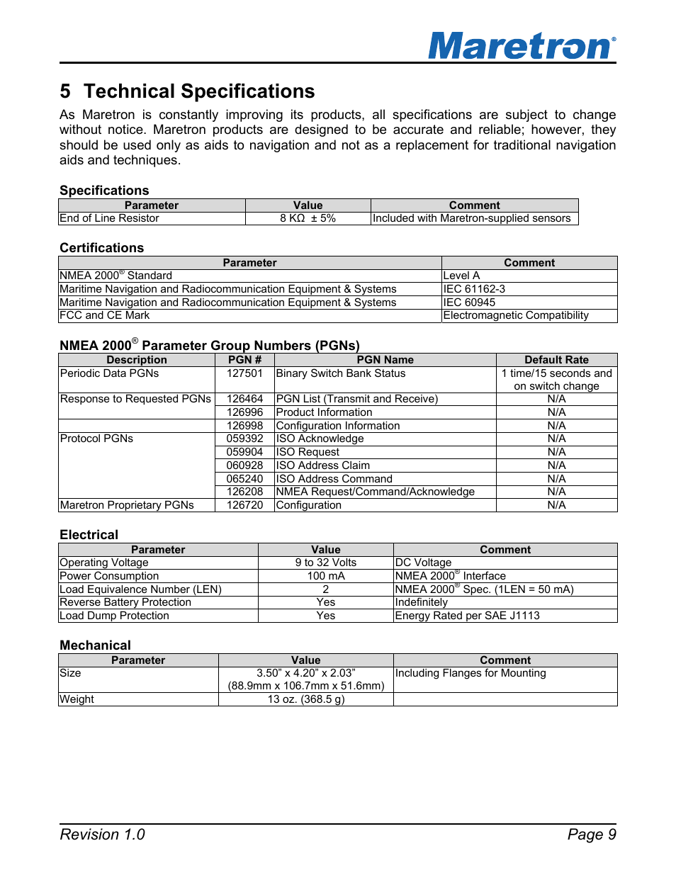 5 technical specifications, Technical specifications, Revision 1.0 page 9 | Maretron SIM100 User Manual | Page 13 / 17