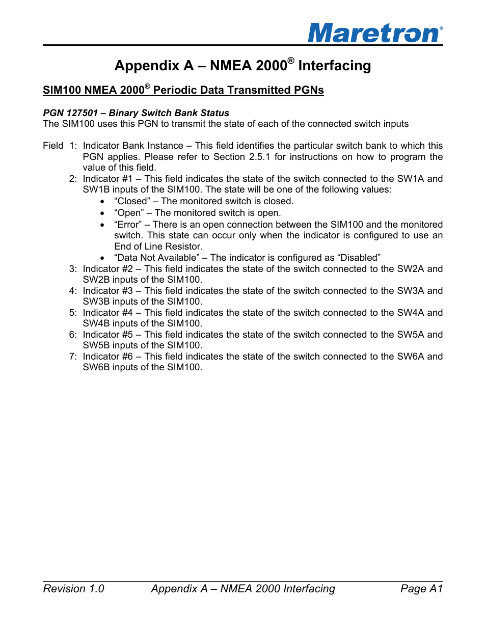 Appendix a – nmea 2000, Interfacing | Maretron SIM100 User Manual | Page 17 / 17