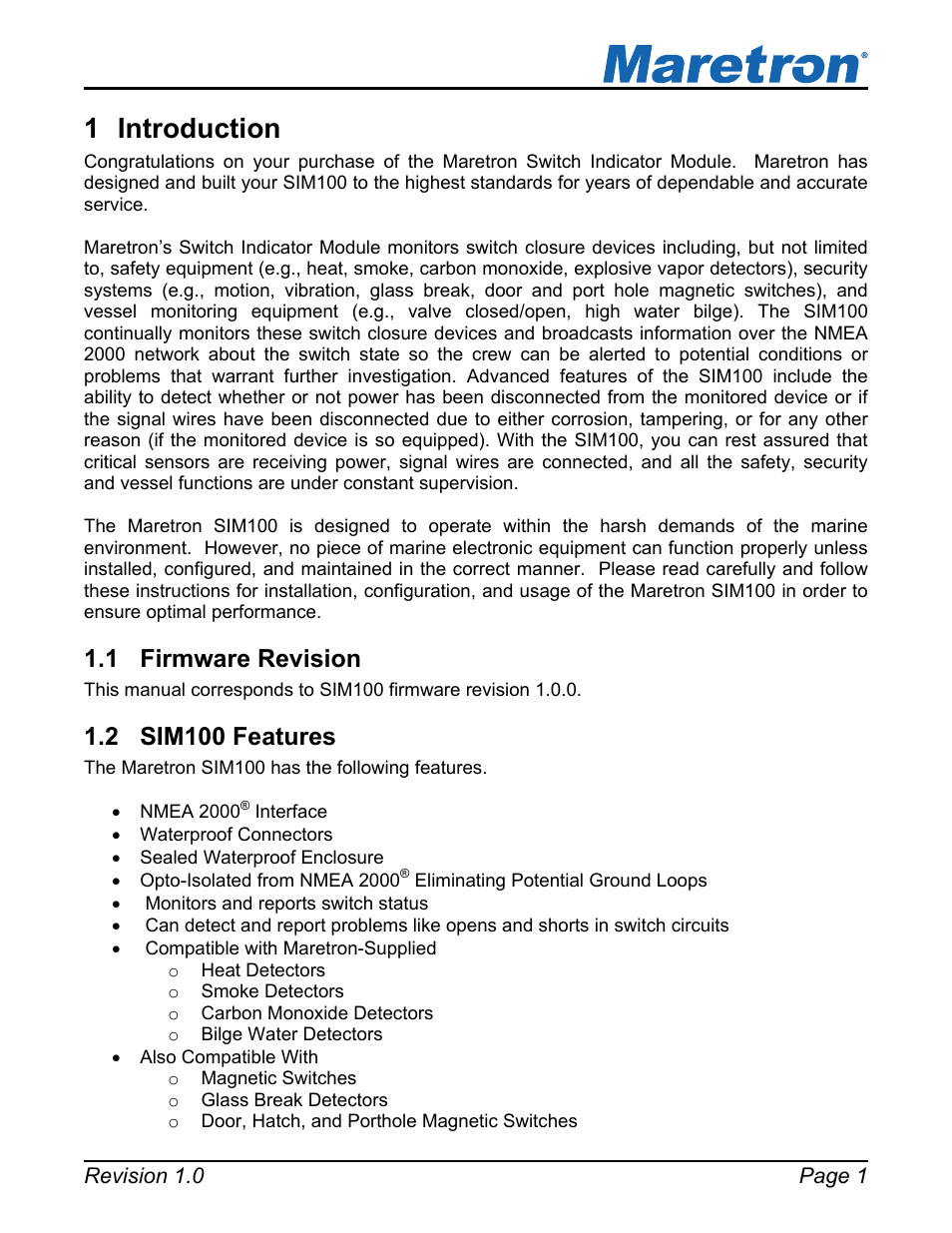 1 introduction, 1 firmware revision, 2 sim100 features | Introduction, Firmware revision, Sim100 features | Maretron SIM100 User Manual | Page 5 / 17