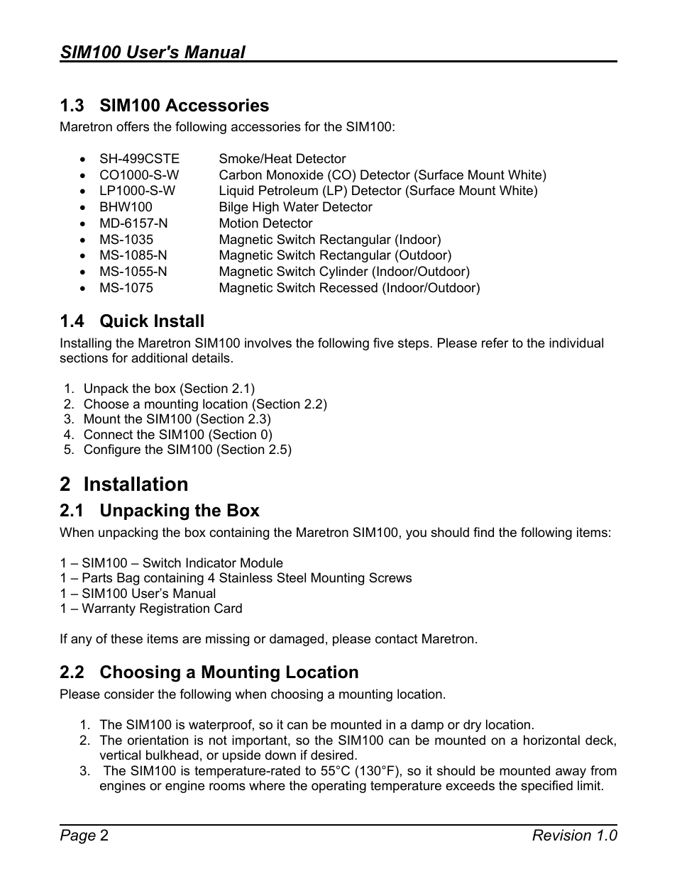 3 sim100 accessories, 4 quick install, 2 installation | 1 unpacking the box, 2 choosing a mounting location, Quick install, Installation, Unpacking the box, Choosing a mounting location, Sim100 user's manual | Maretron SIM100 User Manual | Page 6 / 17