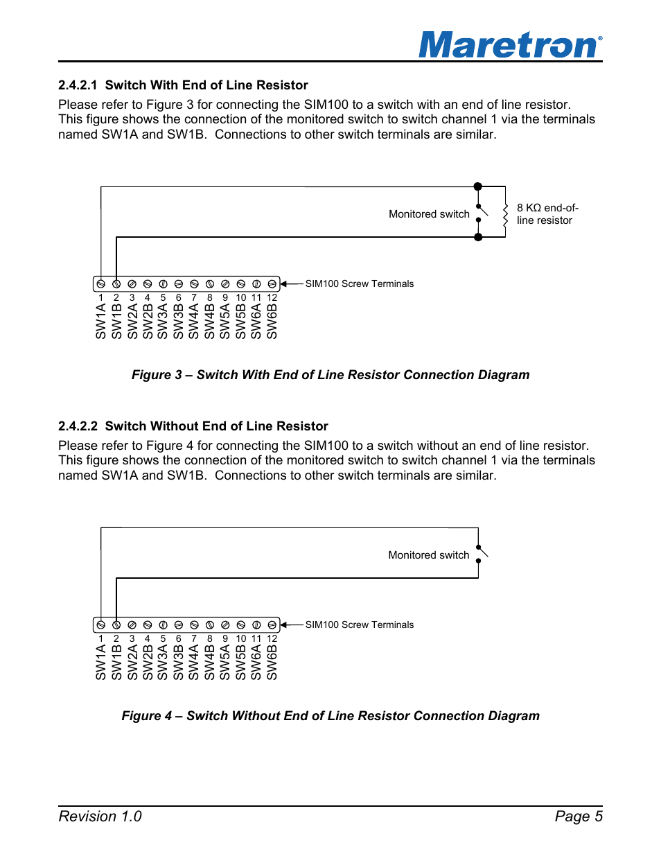 1 switch with end of line resistor, 2 switch without end of line resistor, Switch with end of line resistor | Switch without end of line resistor, Revision 1.0 page 5 | Maretron SIM100 User Manual | Page 9 / 17