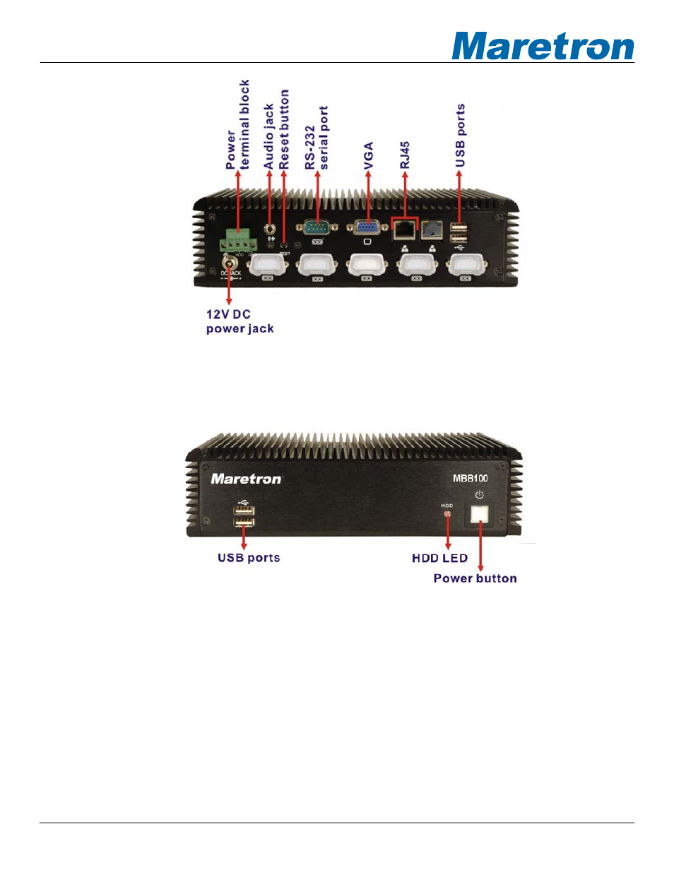 1 rs-232 connection, Rs-232 connection, Figure 4 - mbb100 rear panel connections | Figure 5 – mbb100 front panel | Maretron MBB100 User Manual | Page 9 / 24