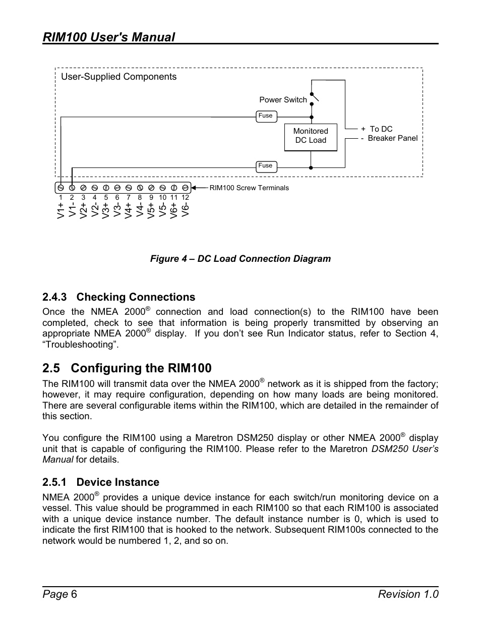 3 checking connections, 5 configuring the rim100, 1 device instance | Checking connections, Configuring the rim100, Device instance, Figure 4 – dc load connection diagram, Rim100 user's manual, Page 6 revision 1.0 | Maretron Run Indicator Module RIM100 User Manual | Page 10 / 17