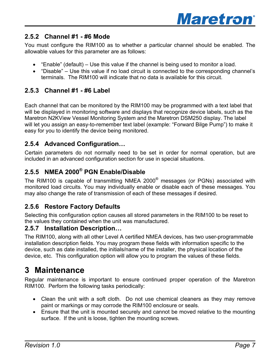 2 channel #1 - #6 mode, 3 channel #1 - #6 label, 4 advanced configuration | 5 nmea 2000® pgn enable/disable, 6 restore factory defaults, 7 installation description, 3 maintenance, Channel #1 - #6 mode, Channel #1 - #6 label, Advanced configuration | Maretron Run Indicator Module RIM100 User Manual | Page 11 / 17