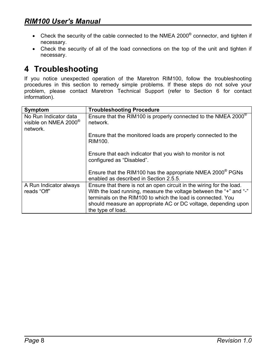4 troubleshooting, Troubleshooting, Rim100 user's manual | Maretron Run Indicator Module RIM100 User Manual | Page 12 / 17