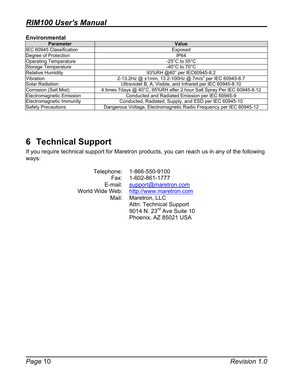 6 technical support, Technical support, Rim100 user's manual | Page 10 revision 1.0 | Maretron Run Indicator Module RIM100 User Manual | Page 14 / 17