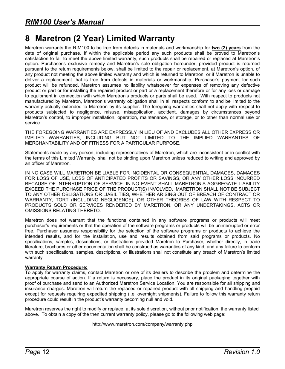 8 maretron (2 year) limited warranty, Maretron (2 year) limited warranty, Rim100 user's manual | Page 12 revision 1.0 | Maretron Run Indicator Module RIM100 User Manual | Page 16 / 17