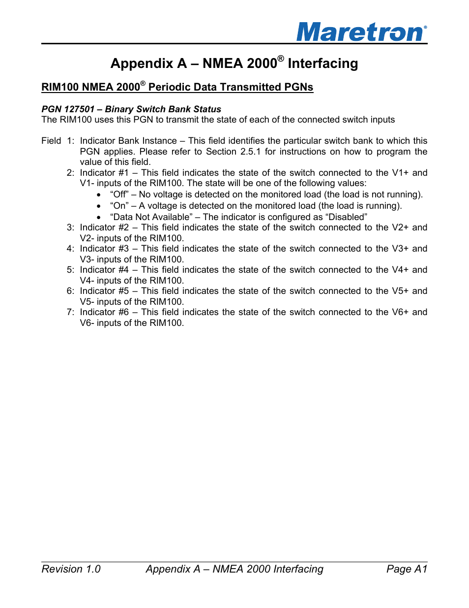 Appendix a – nmea 2000, Interfacing | Maretron Run Indicator Module RIM100 User Manual | Page 17 / 17