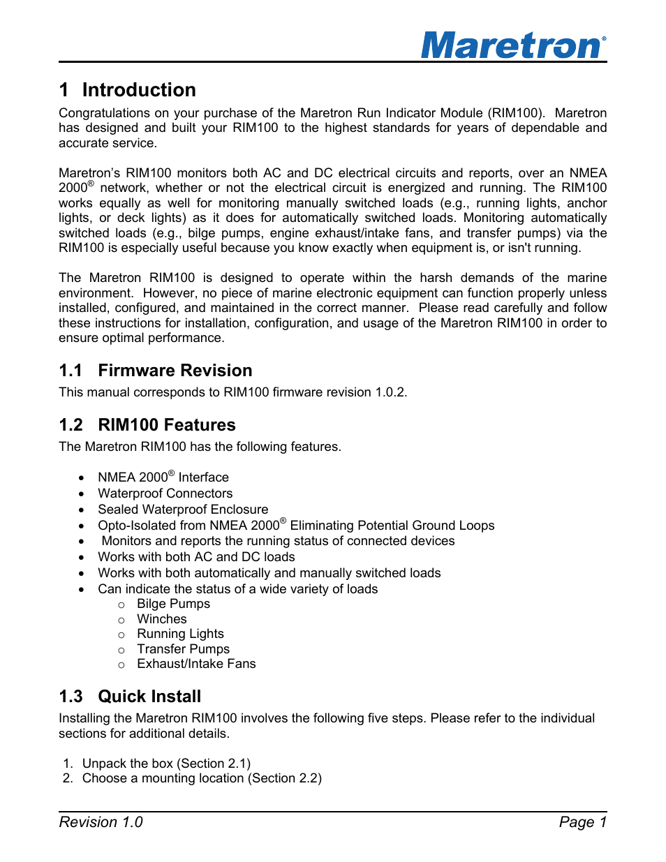 1 introduction, 1 firmware revision, 2 rim100 features | 3 quick install, Introduction, Firmware revision, Rim100 features, Quick install | Maretron Run Indicator Module RIM100 User Manual | Page 5 / 17